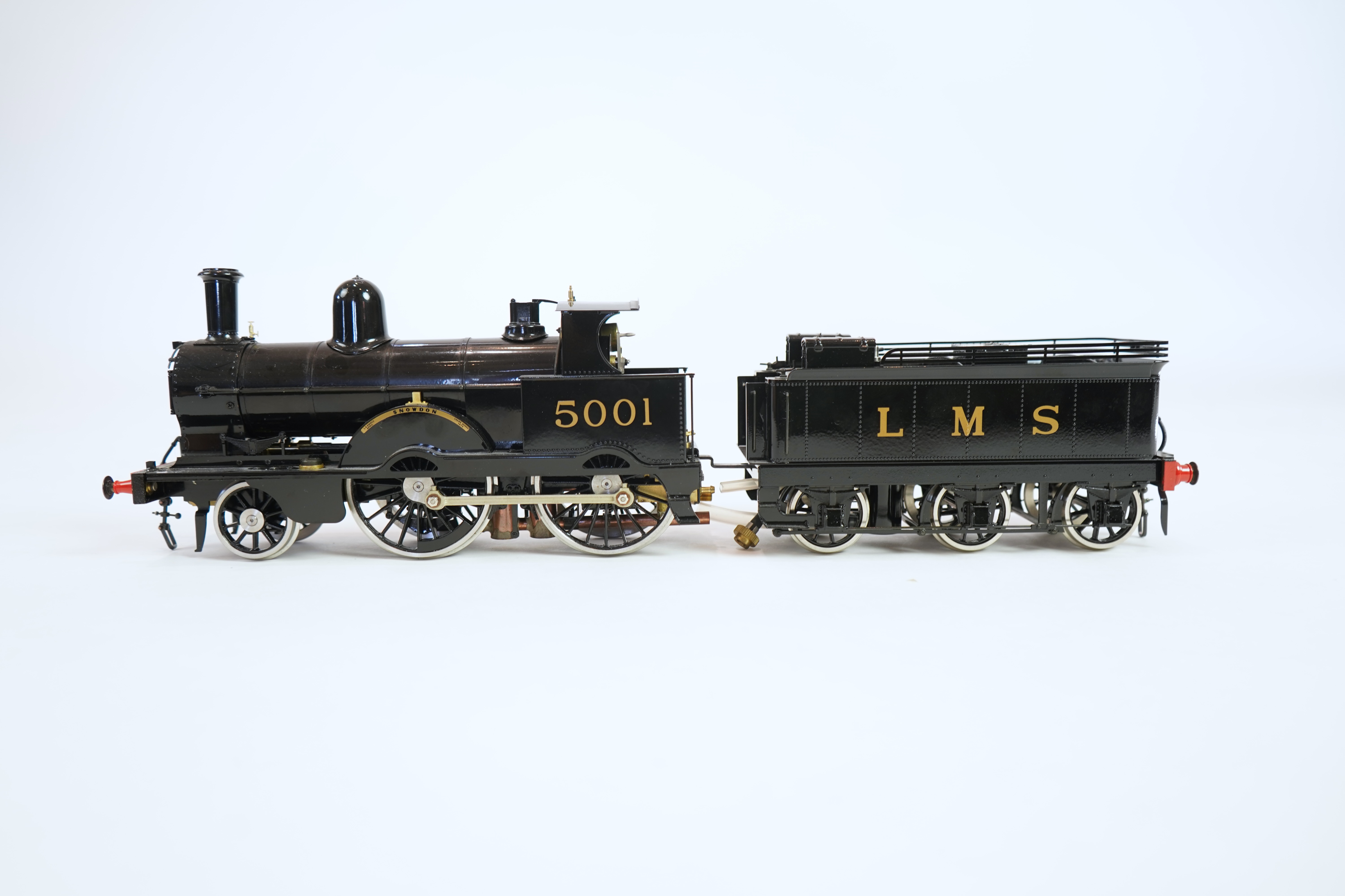 A Gauge One Aster Hobbies live steam LMS Precedent Class, 2-4-0 tender locomotive, in the final unlined black livery as Snowdon 5001, with spirit fired working two cylinder motion.